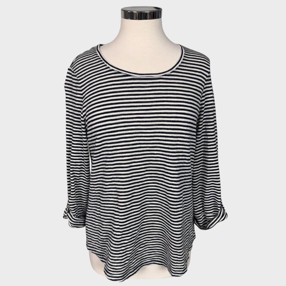 Chico's The Ultimate Tee Black White Metallic Striped 3/4 Sleeve Top Size M